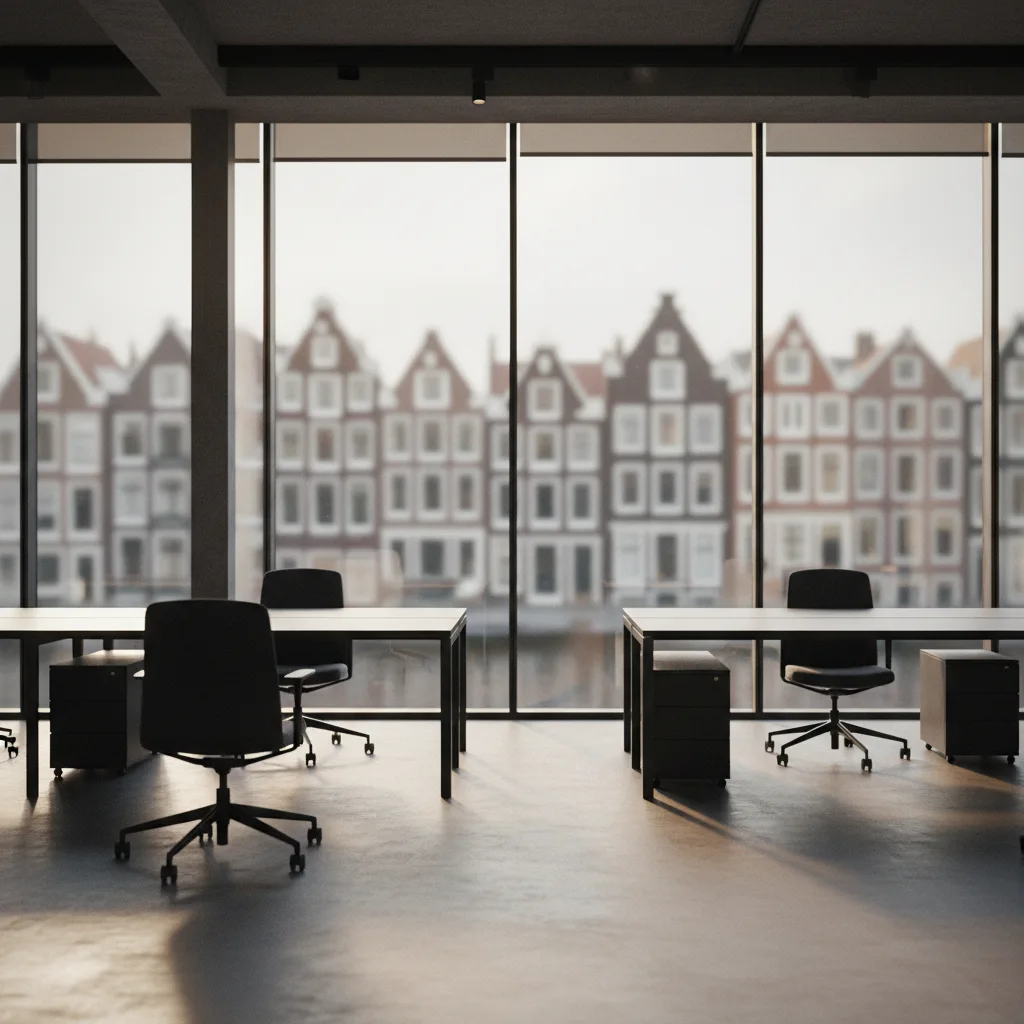 Lege lichte kantoorruimte met ergonomische bureaus en grote ramen in Amsterdam