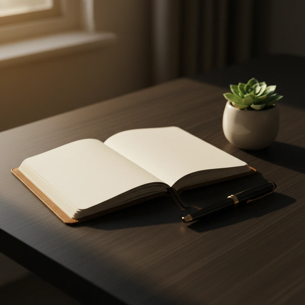 Notitieboek en planner op een houten bureau naast een venster met daglicht